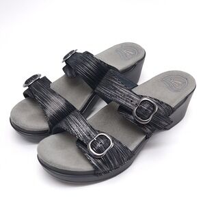 Dansko Sophie Wedge Sandals Womens 41‎ Black Leather Metallic Straps Buckle